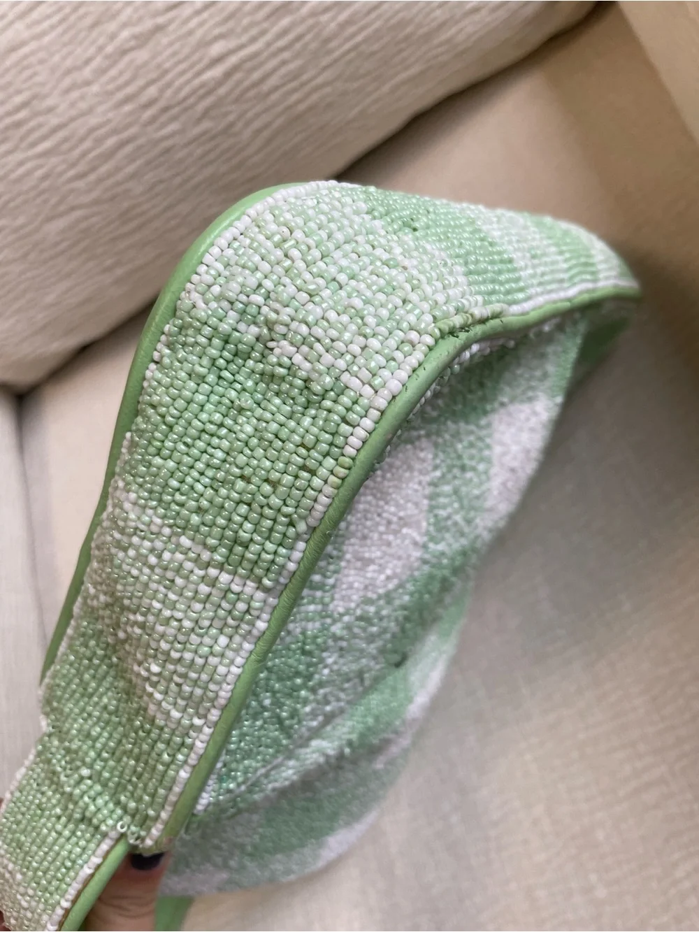STAUD Green and White Checkered Beaded Shoulder Bag